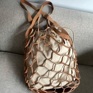 Zara Bag in Leather Net Mesh Purse with Cream Natural Muslin Drawstring Bag